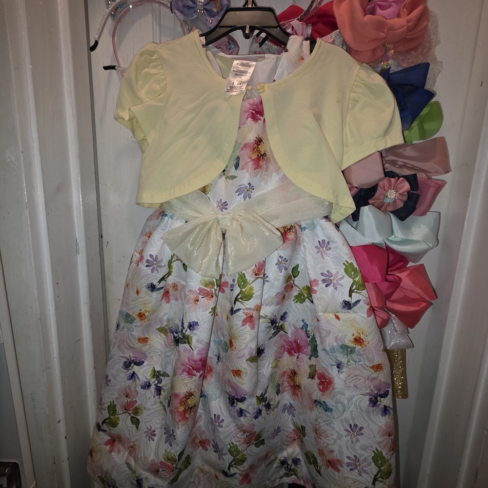 Bonnie Jean White Floral Satin Dress with Pale Yellow Bolero and Gold Bow